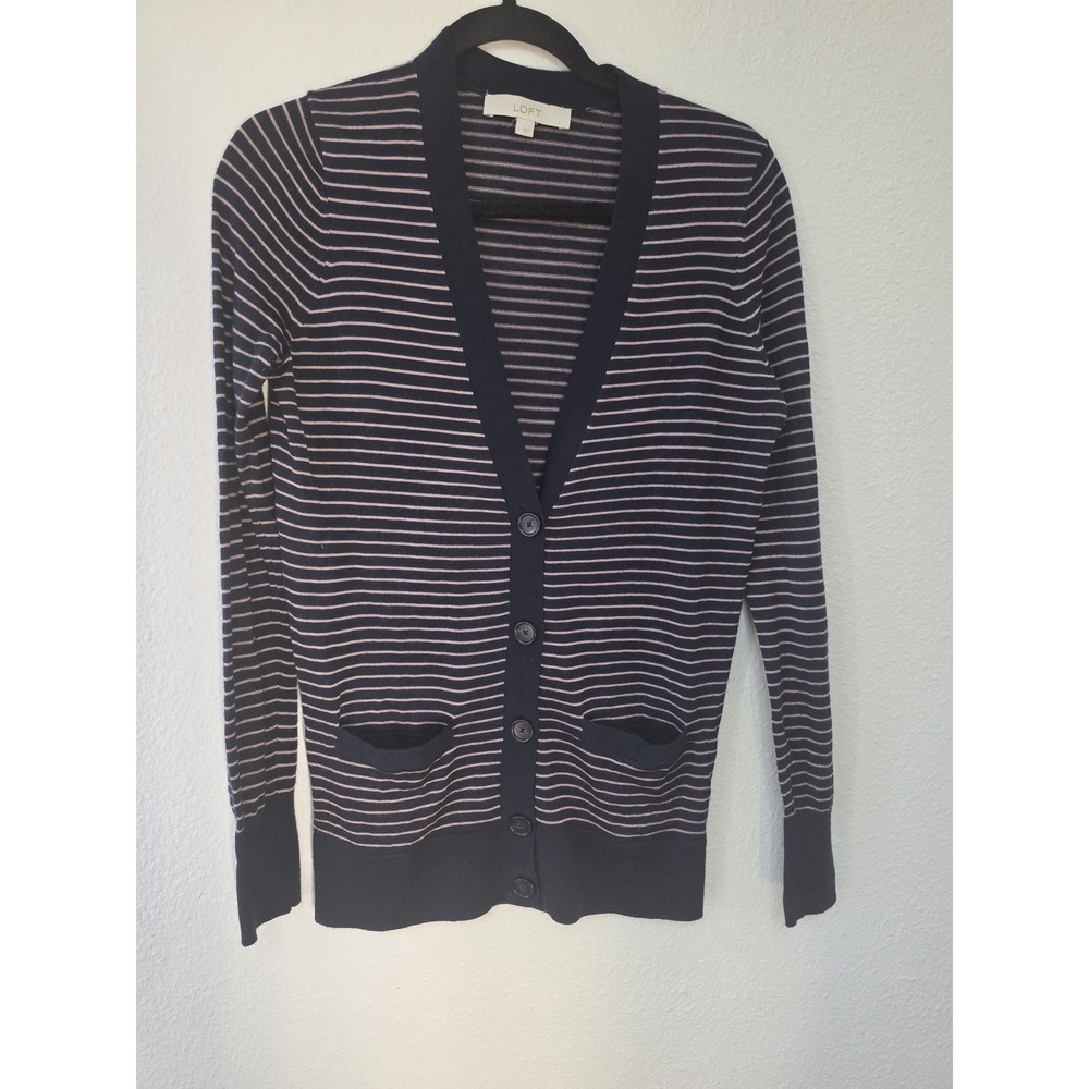 LOFT Cardigan Women S Navy White Striped V-Neck Long Sleeve Sweater Classic